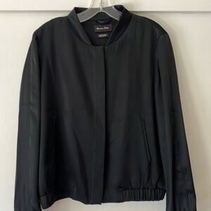 Satin black bomber jacket covered snap front